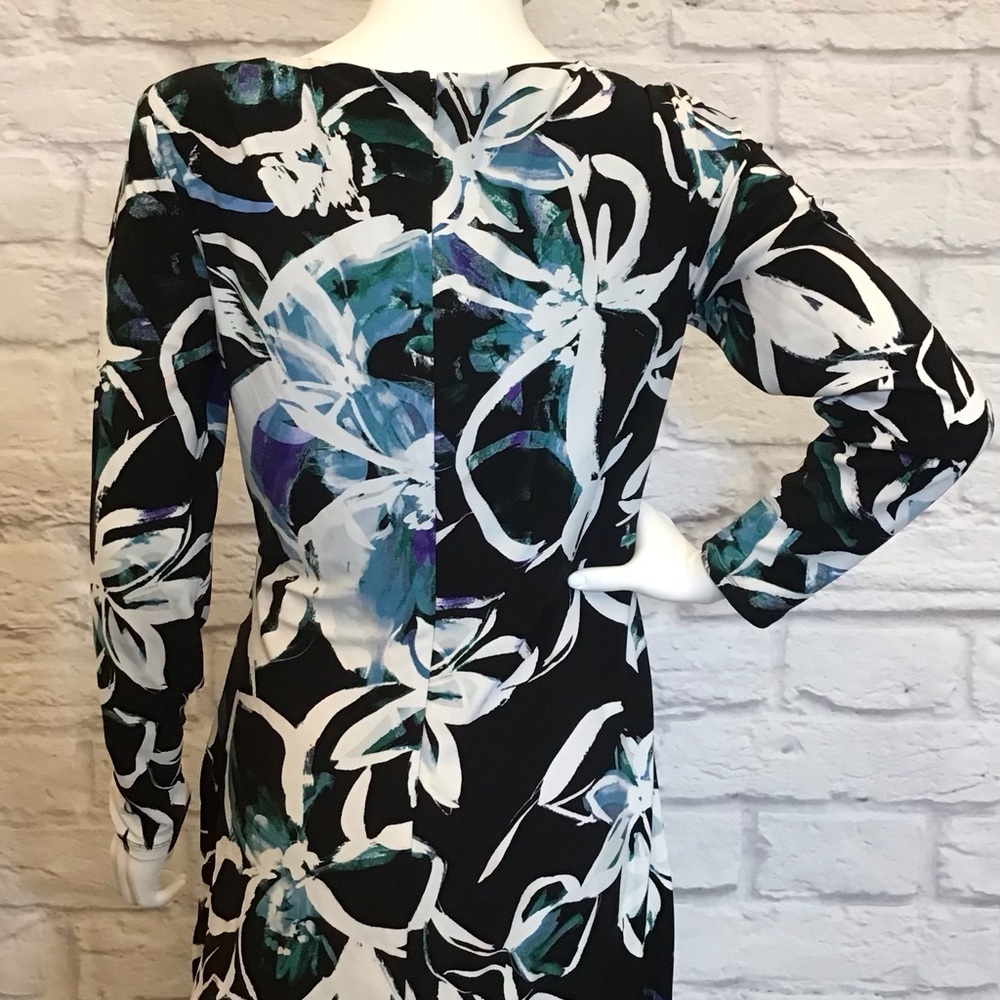 Ralph Lauren 8 LRL Stretchy Ruched Black Floral Long Sleeve Dress Knee Length - Picture 8 of 13